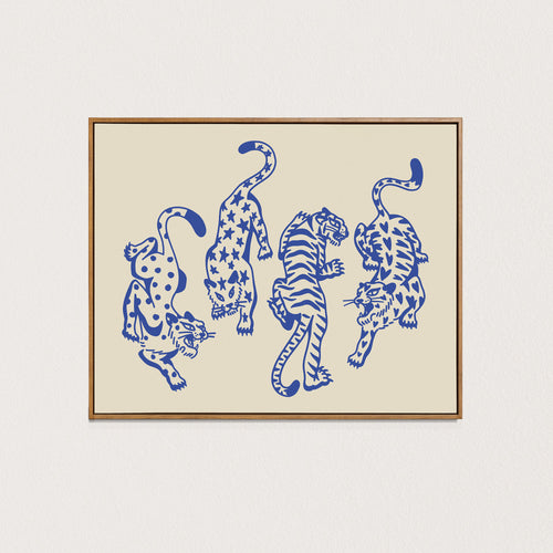4 cats art print - blue