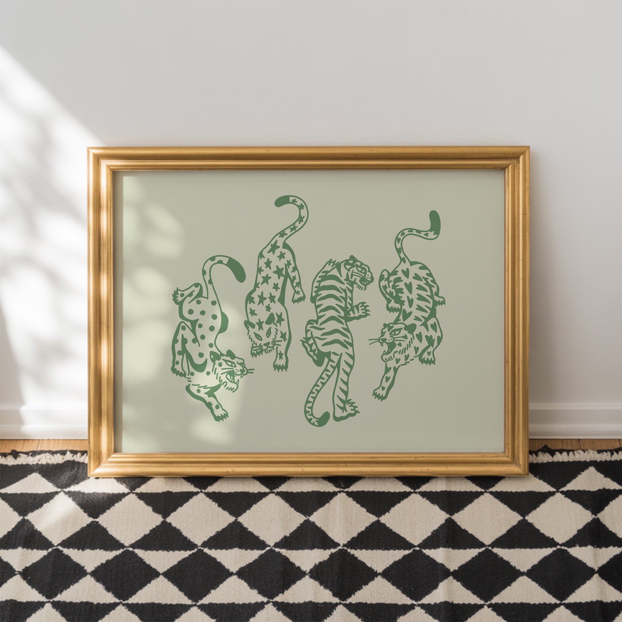 4 cats art print - green