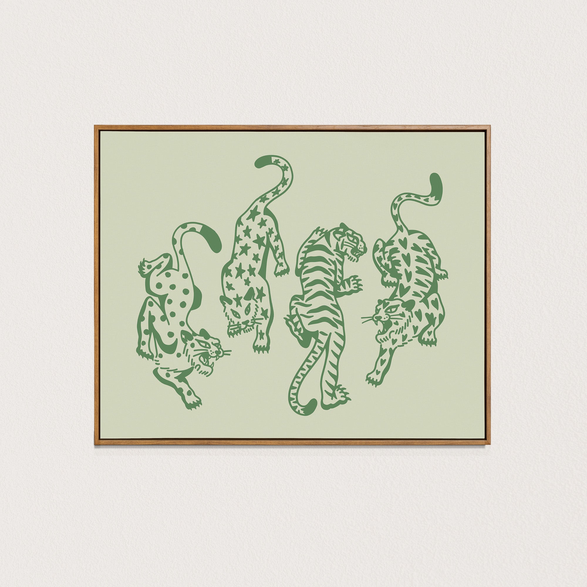 4 cats art print - green