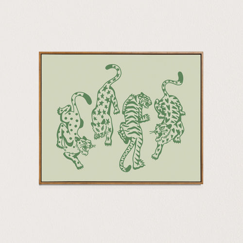 4 cats art print - green