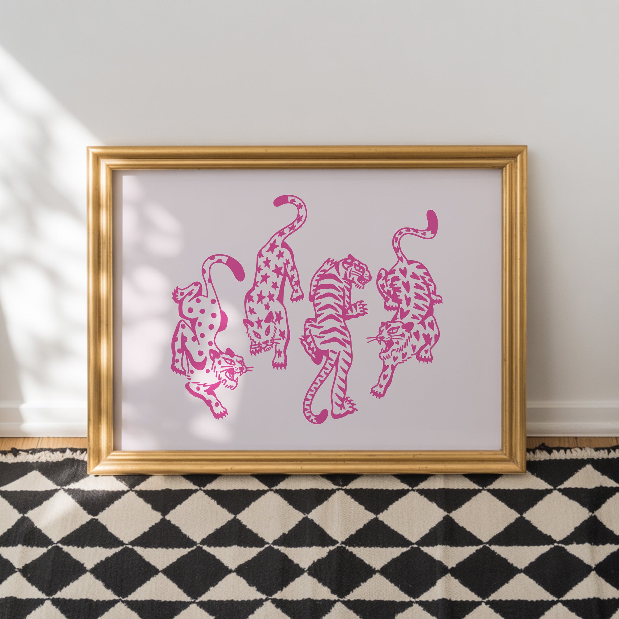 4 cats art print - pink