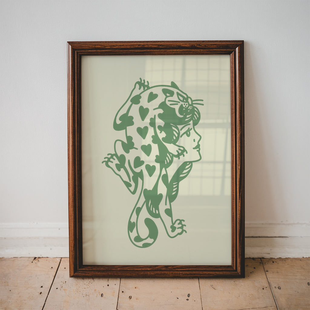 lovecat lady art print - green